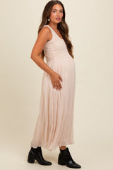 Cream Textured Smocked Bodice Sleeveless Maternity Maxi Dress