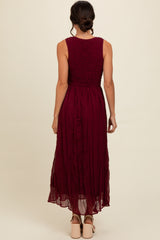 Burgundy Textured Smocked Bodice Sleeveless Maxi Dress