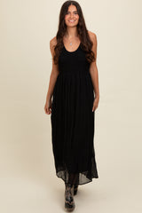 Black Textured Smocked Bodice Sleeveless Maternity Maxi Dress