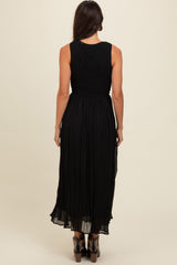 Black Textured Smocked Bodice Sleeveless Maxi Dress