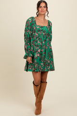 Green 3/4 Ruffle Sleeve Floral Mini Dress