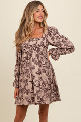 Light Taupe 3/4 Ruffle Sleeve Floral Maternity Mini Dress