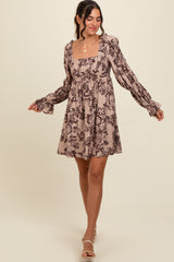 Light Taupe 3/4 Ruffle Sleeve Floral Mini Dress