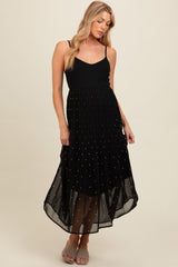 Black Polka Dot Pleated Mesh Overlay Maternity Maxi Dress