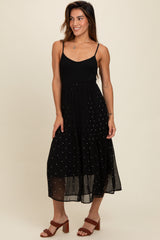 Black Polka Dot Pleated Mesh Overlay Maternity Maxi Dress