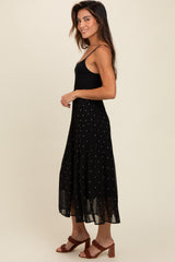 Black Polka Dot Pleated Mesh Overlay Maxi Dress