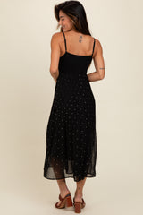 Black Polka Dot Pleated Mesh Overlay Maxi Dress