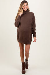 Cream Fuzzy Knit Turtleneck Maternity Sweater Mini Dress