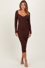 Brown Deep V-Neck Midi Sweater Dress