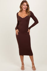 Brown Deep V-Neck Midi Sweater Dress