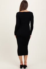 Black Deep V-Neck Maternity Midi Sweater Dress