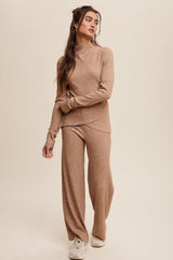 Tan Petal Hem Ribbed Knit Long Sleeve And Pants Set