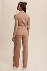 Tan Petal Hem Ribbed Knit Long Sleeve And Pants Set