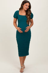 Forest Green Textured Square Neck Puff Sleeve Maternity Midi Dress