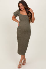 Olive Textured Square Neck Puff Sleeve Maternity Midi Dress