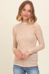 Beige Floral Bow Detail Long Sleeve Fitted Top