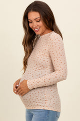 Beige Floral Bow Detail Long Sleeve Fitted Maternity Top