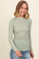 Light Olive Floral Bow Detail Long Sleeve Fitted Top