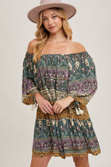 Gold Green Paisley Print Boho Off Shoulder Dress