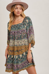 Gold Green Paisley Print Boho Off Shoulder Dress