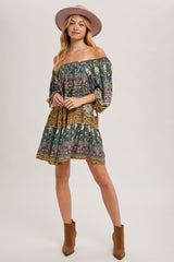 Gold Green Paisley Print Boho Off Shoulder Dress