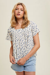 Cream Blue Floral Square Neck Blouse