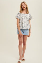 Cream Blue Floral Square Neck Blouse