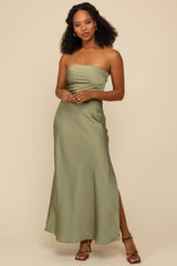 Sage Olive Strapless Bias Cut Maxi Dress