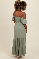 Light Olive Smocked Ruffle Off Shoulder Tiered Maxi Dress