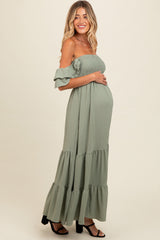 Light Olive Smocked Ruffle Off Shoulder Tiered Maternity Maxi Dress