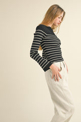 Black Beige Long Sleeve Stripe Pattern Ribbed Knitted Top