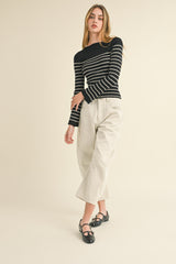 Black Beige Long Sleeve Stripe Pattern Ribbed Knitted Top