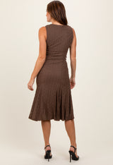 Brown Textured V-Neck Midi Dress