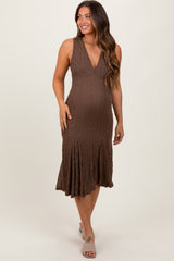 Brown Textured V-Neck Maternity Midi Dress