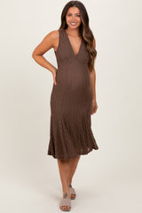 Brown Textured V-Neck Maternity Midi Dress