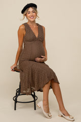 Brown Textured V-Neck Maternity Midi Dress