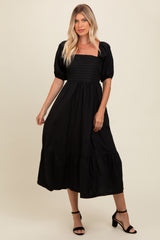 Black Pleated Bodice Puff Sleeve Midi Dress