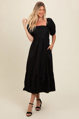 Black Pleated Bodice Puff Sleeve Maternity Midi Dress