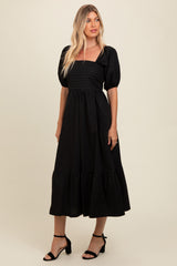 Black Pleated Bodice Puff Sleeve Midi Dress