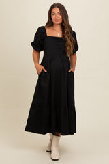 Black Pleated Bodice Puff Sleeve Maternity Midi Dress