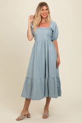 Light Blue Pleated Bodice Puff Sleeve Midi Dress