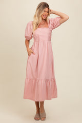 Light Pink Pleated Bodice Puff Sleeve Midi Dress