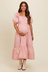 Light Pink Pleated Bodice Puff Sleeve Maternity Midi Dress