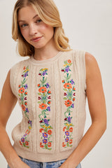 Oatmeal Embroidered Sleeveless Knit Tank Top