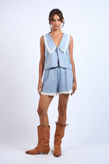 Blue Wide Collared Front Tie Lace Trim Top & Shorts Set