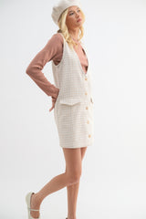 Taupe Cream Tweed Button-Up Mini Dress