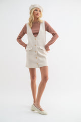 Taupe Cream Tweed Button-Up Mini Dress