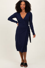 Navy Blue Knit Long Sleeve Wrap Maternity Midi Dress