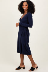 Navy Blue Knit Long Sleeve Wrap Midi Dress