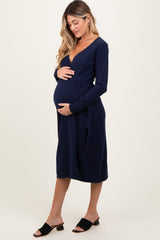 Navy Blue Knit Long Sleeve Wrap Maternity Midi Dress